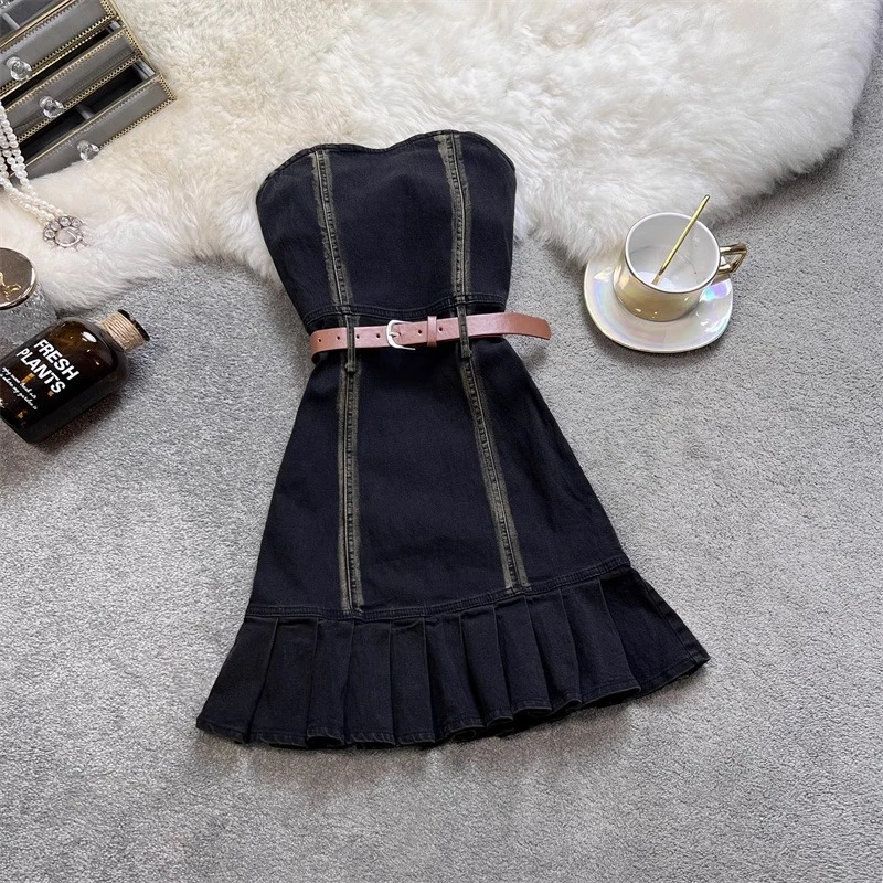 牛仔连衣裙时尚女夏季新款小众抹胸裙美式收腰背心裙港风a字短裙