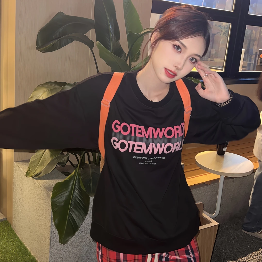 GOT‘EM美式复古氛围感秋冬圆领卫衣女宽松高街设计落肩发泡卫衣