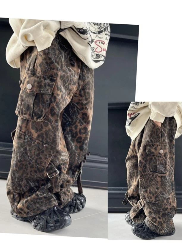 蒙蒙潮童 2024冬款加绒个性潮酷中大童豹纹花色牛仔工装裤子