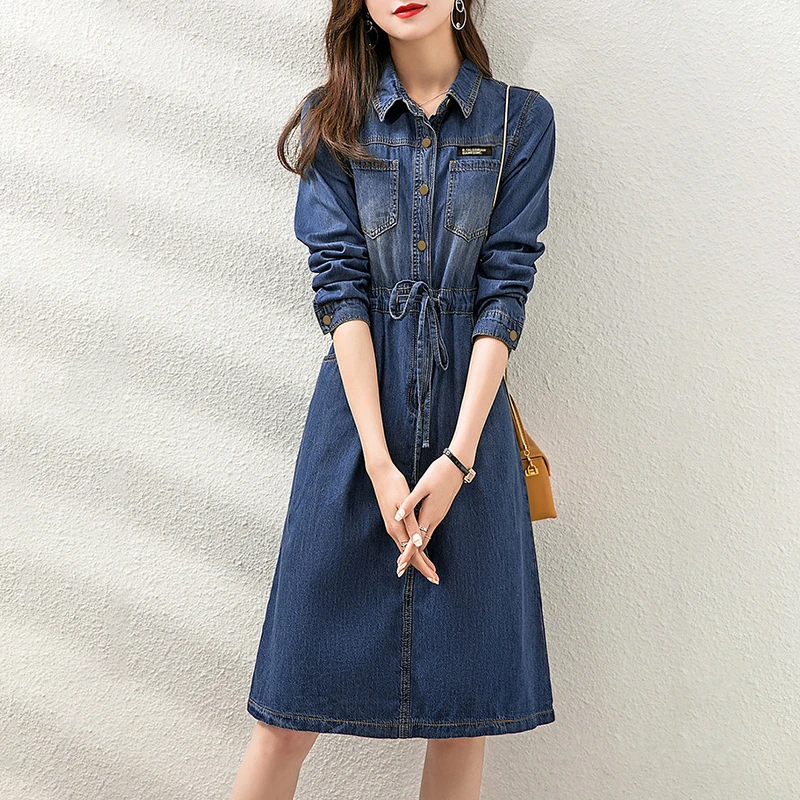 POLO领牛仔连衣裙女秋冬2023年新款潮流时尚减龄系带收腰显瘦裙子