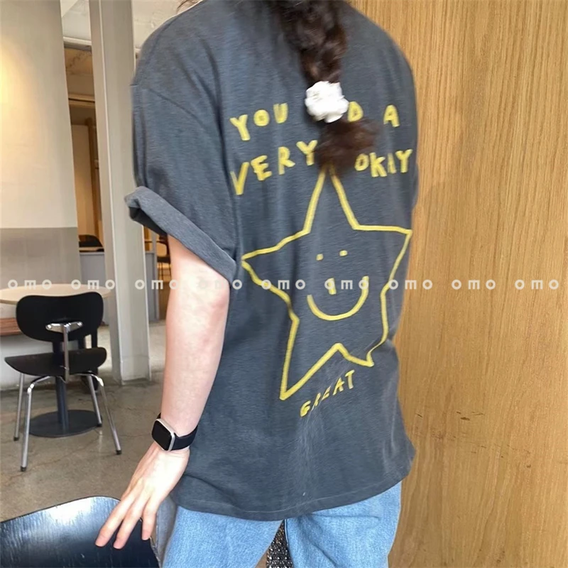 现~2025ss韩国代购 背后五角星微笑图案宽松圆领百搭舒适短袖T恤