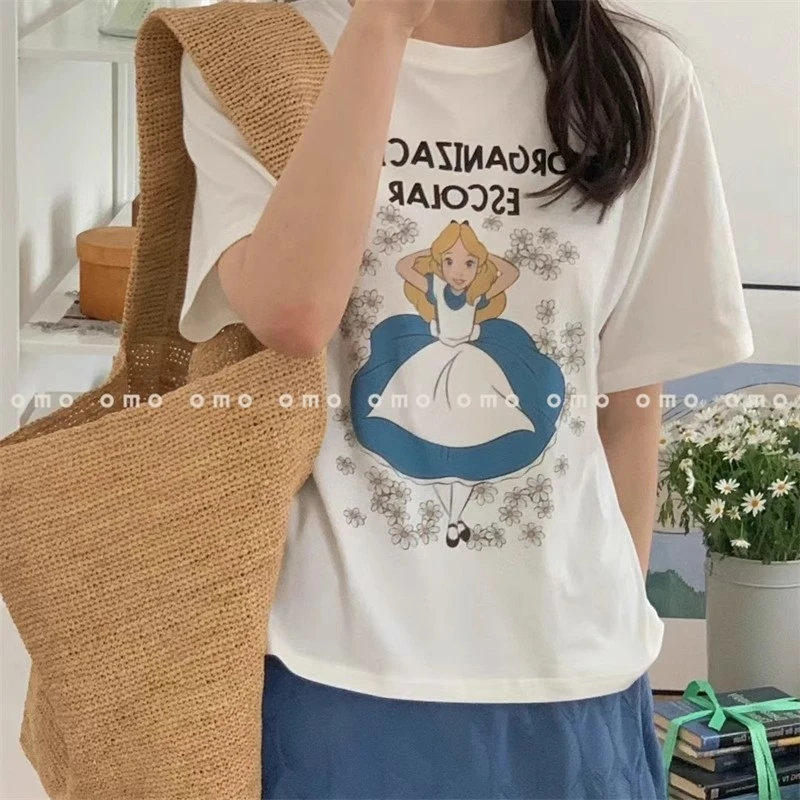 omo~韩国东大门代购 女装秋新款 圆领字母爱丽丝图案短袖T恤