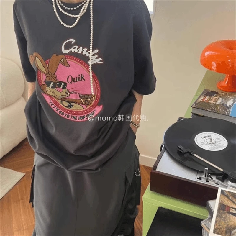 现货 韩国代购 夏季新款可爱酷酷卡通墨镜炭灰色小兔印花短袖T恤