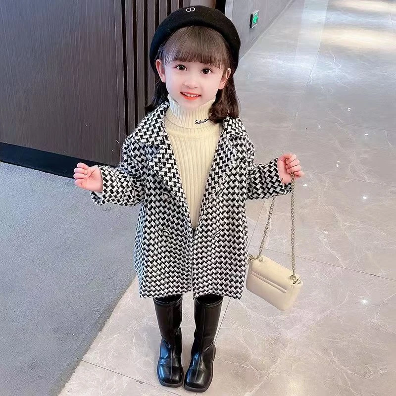 女童春秋小香风呢大衣2024新款千鸟格韩版炸街半开领外套省钱风
