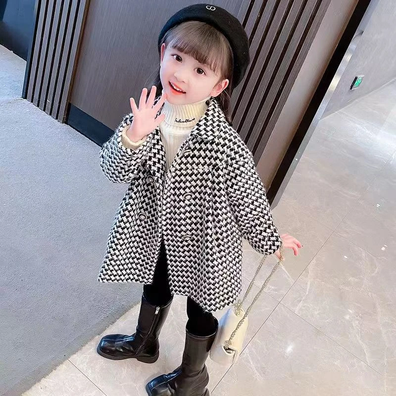 小香风女童春秋季呢大衣2024新款千鸟格韩版炸街半开领外套省钱风