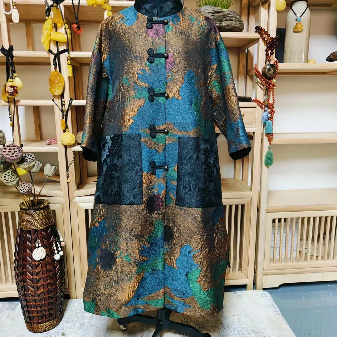 凤徕兮私人定制蓝棕色混色暗纹黑口袋盘扣风衣（NF171）