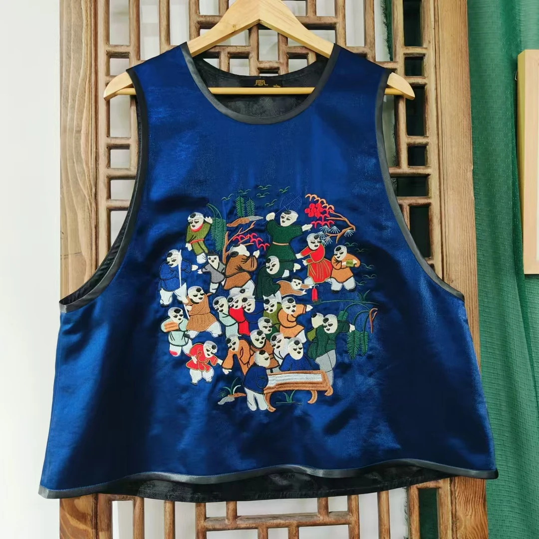 凤徕兮私人定制蓝底百子图刺绣圆领无袖马甲 LS317-3