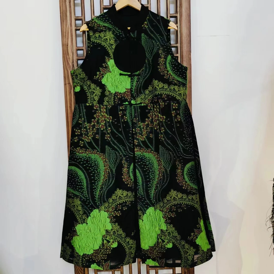 凤徕兮私人定制黑底绿色立体提花小立领对襟马甲（LS307）