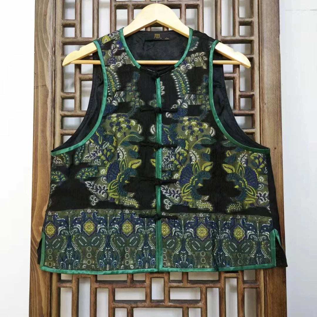 凤徕兮私人定制黑底蓝绿提花对襟包边无袖马甲HM1039