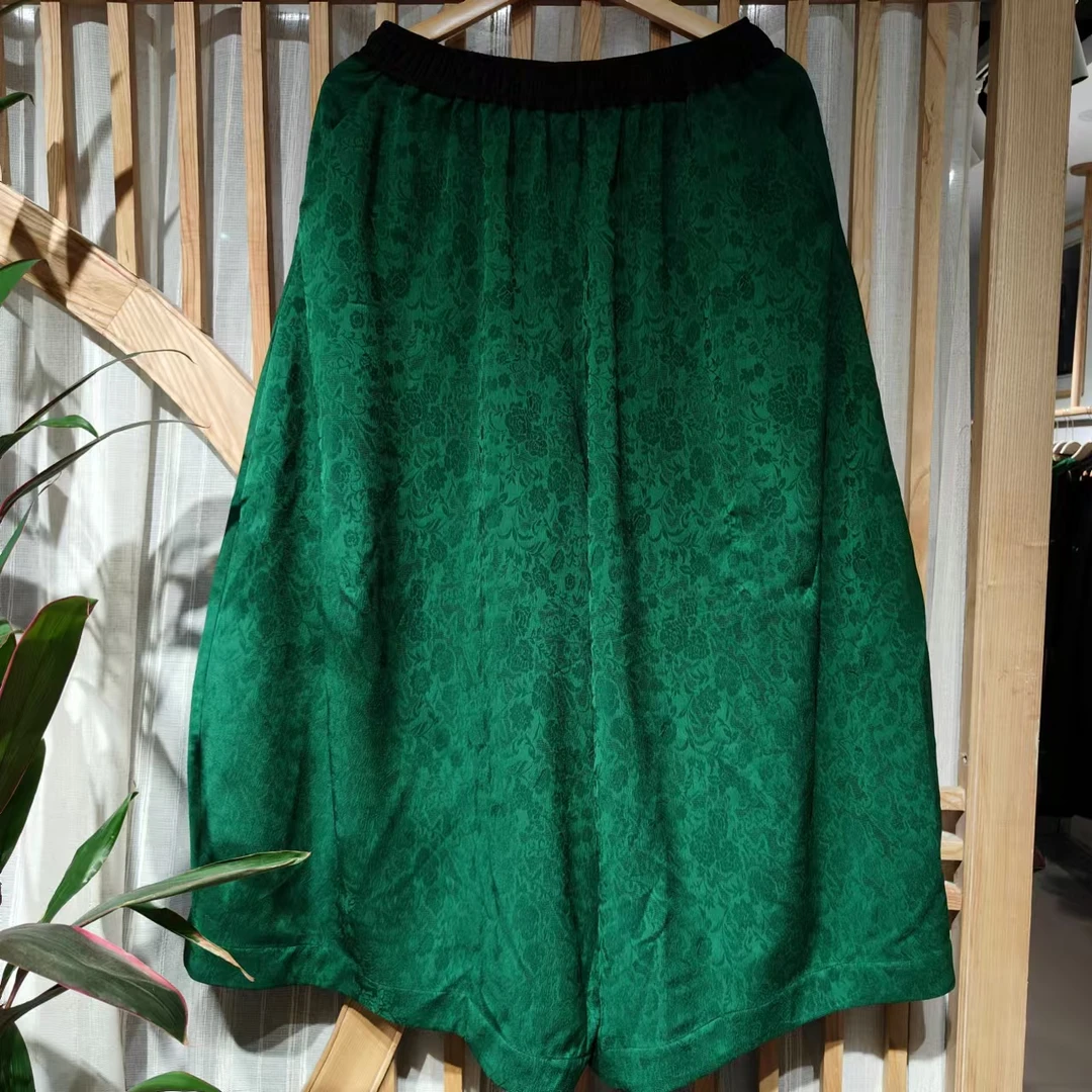 凤徕兮私人定制绿色暗纹花全松紧加衬花苞裤（LK040-4）