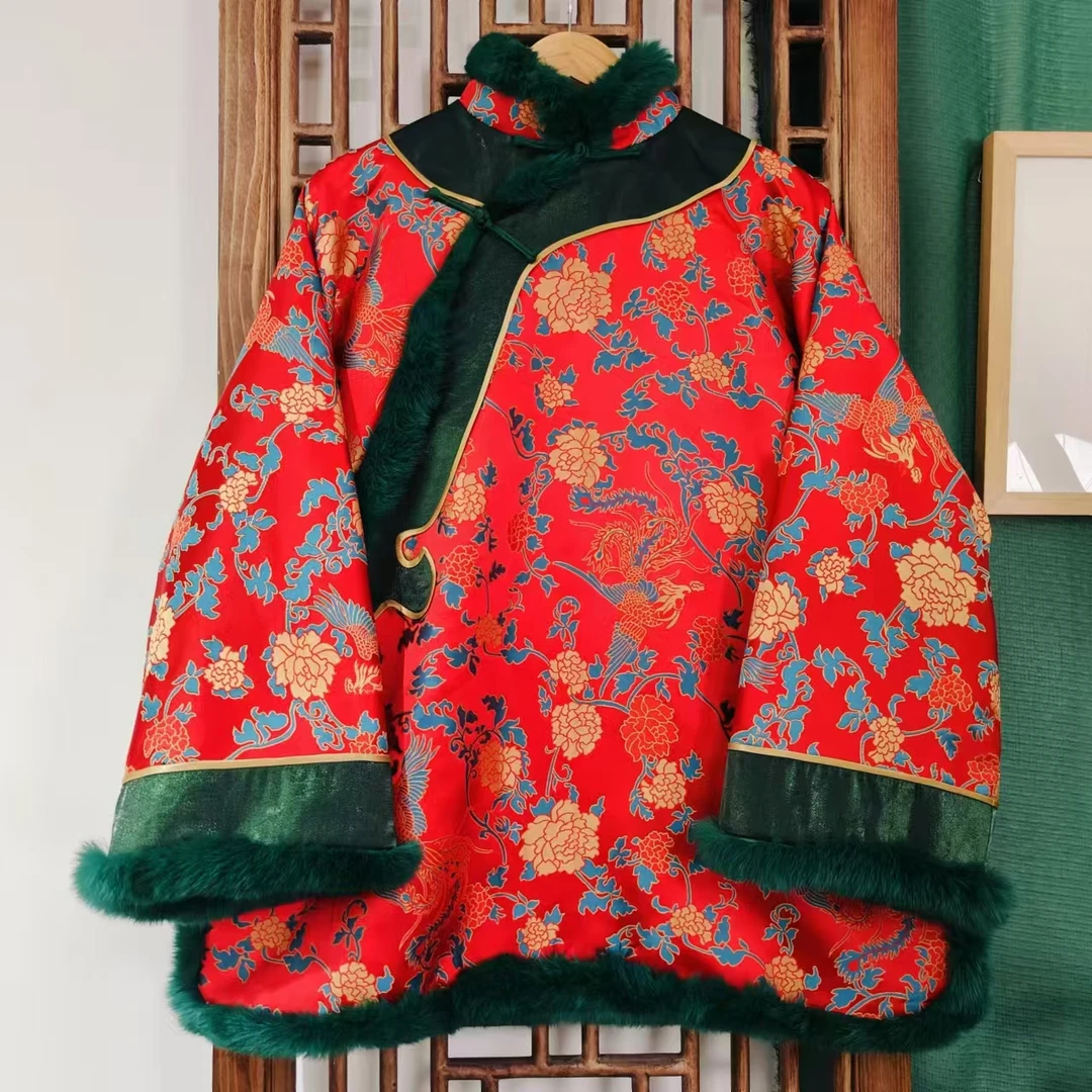 凤徕兮私人定制红底凤穿牡丹绿毛边斜襟盘扣加棉上衣（LS407-1）棉