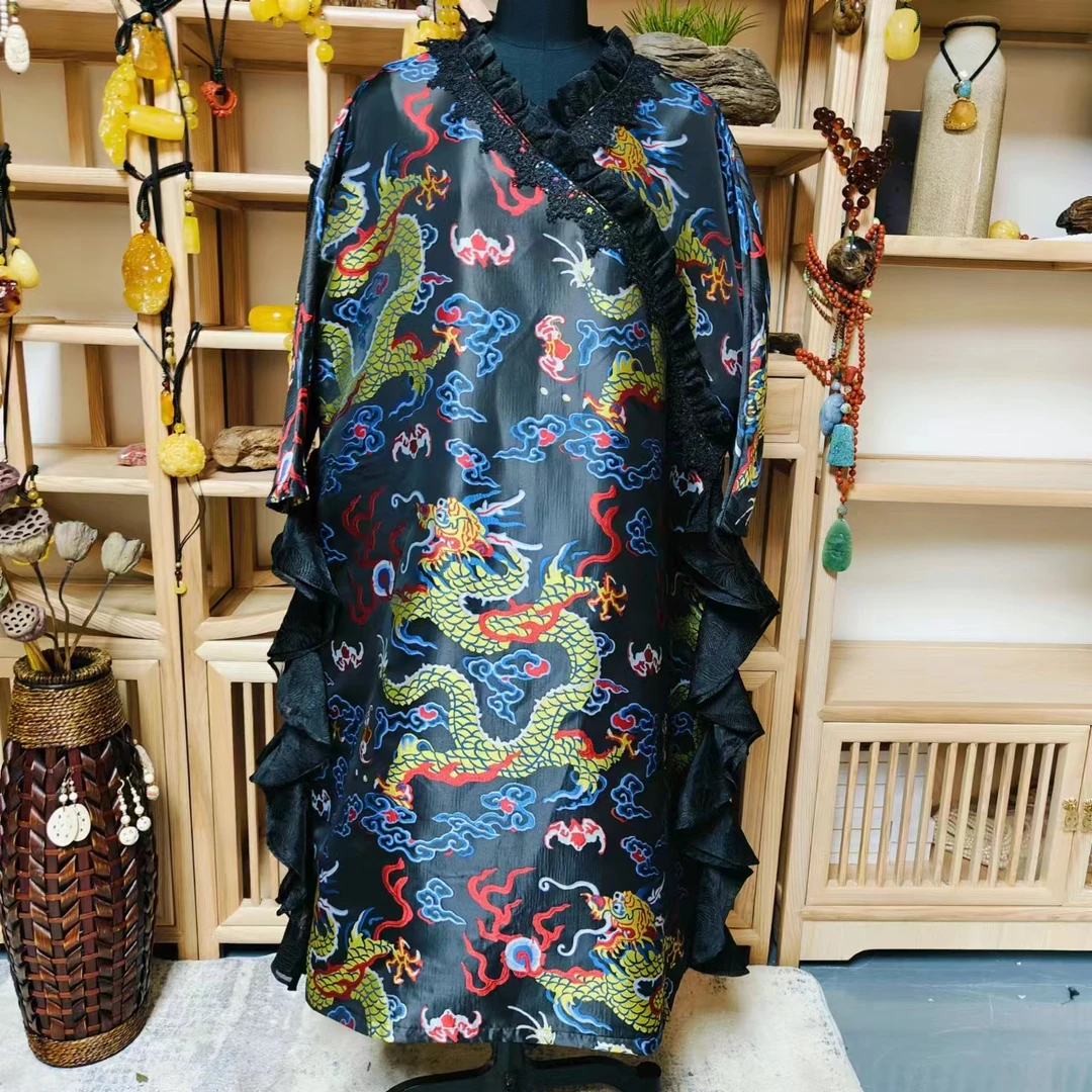 凤徕兮私人定制黑底龙纹暗纹花斜襟加花边袍子外套（NF170)