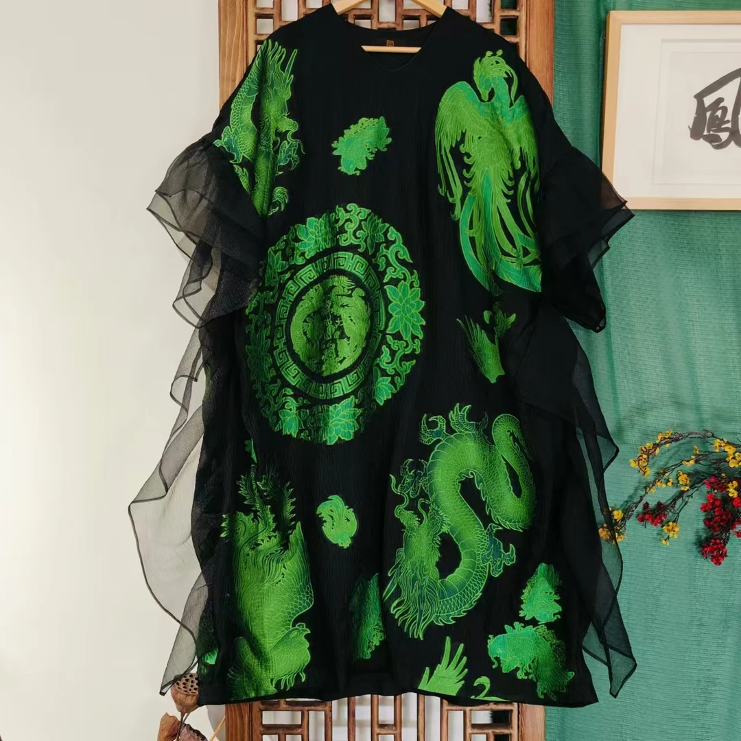 凤徕兮私人定制黑底绿色龙凤提花圆领加纱花边袍子（LS331-1）