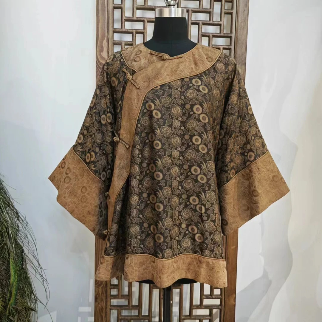 凤徕兮私人定制咖底小花香云纱斜襟盘扣包边翻边袖上衣HY1095