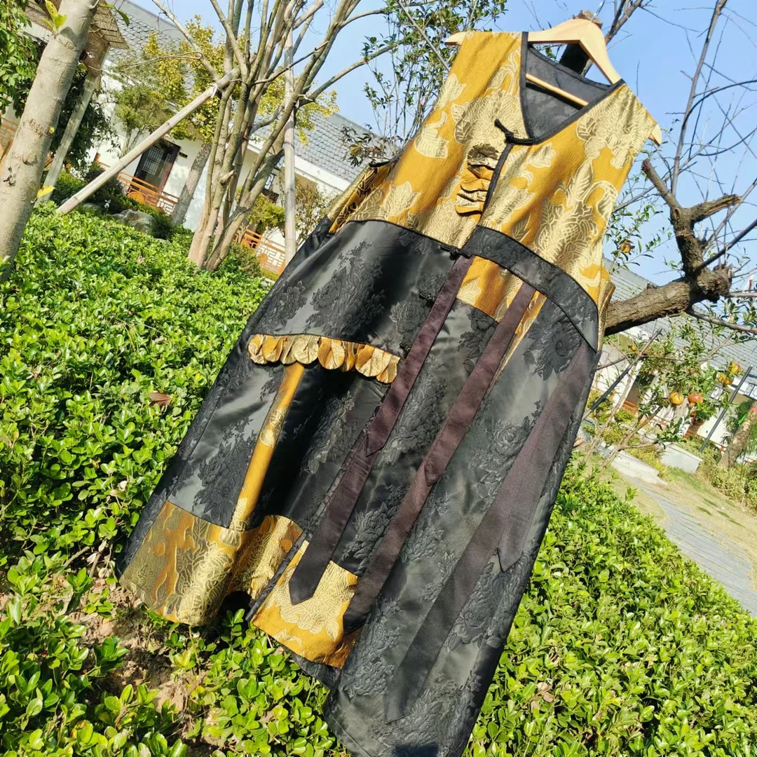 凤徕兮私人定制金色拼接花纹加黑纱盘扣马甲风衣（SM4817）