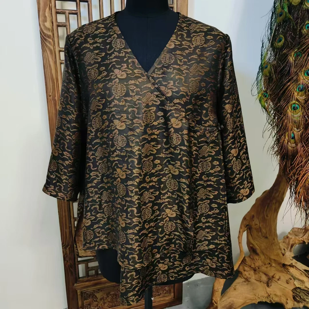 凤徕兮私人定制咖底暗纹斜襟不规则香云纱上衣 LS337