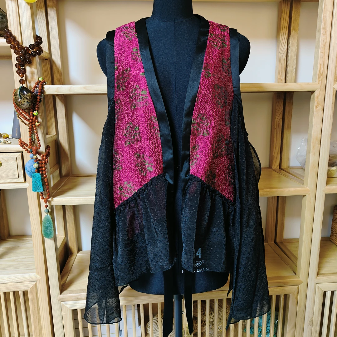 凤徕兮私人定制梅红底黑边拼接对襟加纱马甲（LS091）