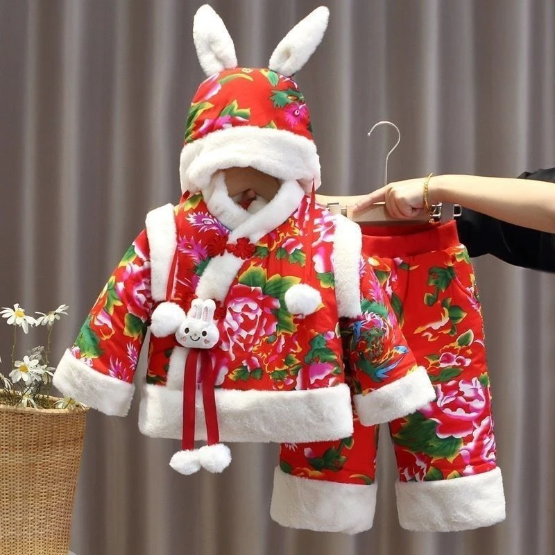 巴拉拉吧儿童新款东北大花棉袄冬季保暖棉服套装男女宝宝女童衣服