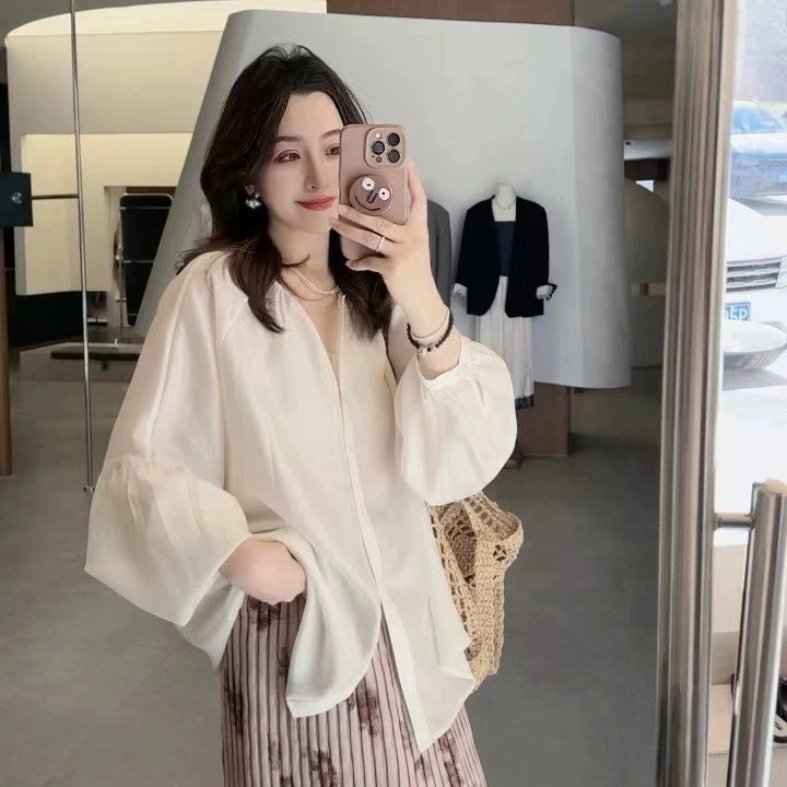 法式气质圆领灯笼袖衬衫2025新款女夏季宽松薄款防晒衬衣长袖上衣
