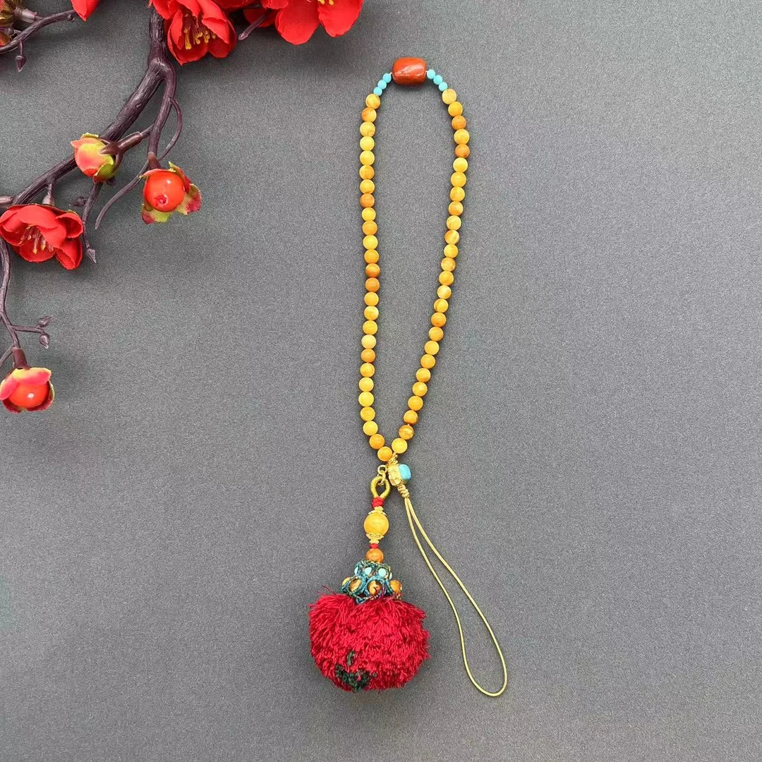 【润家原创】天然琥珀4mm花蜡设计款手机挂件*有球必应