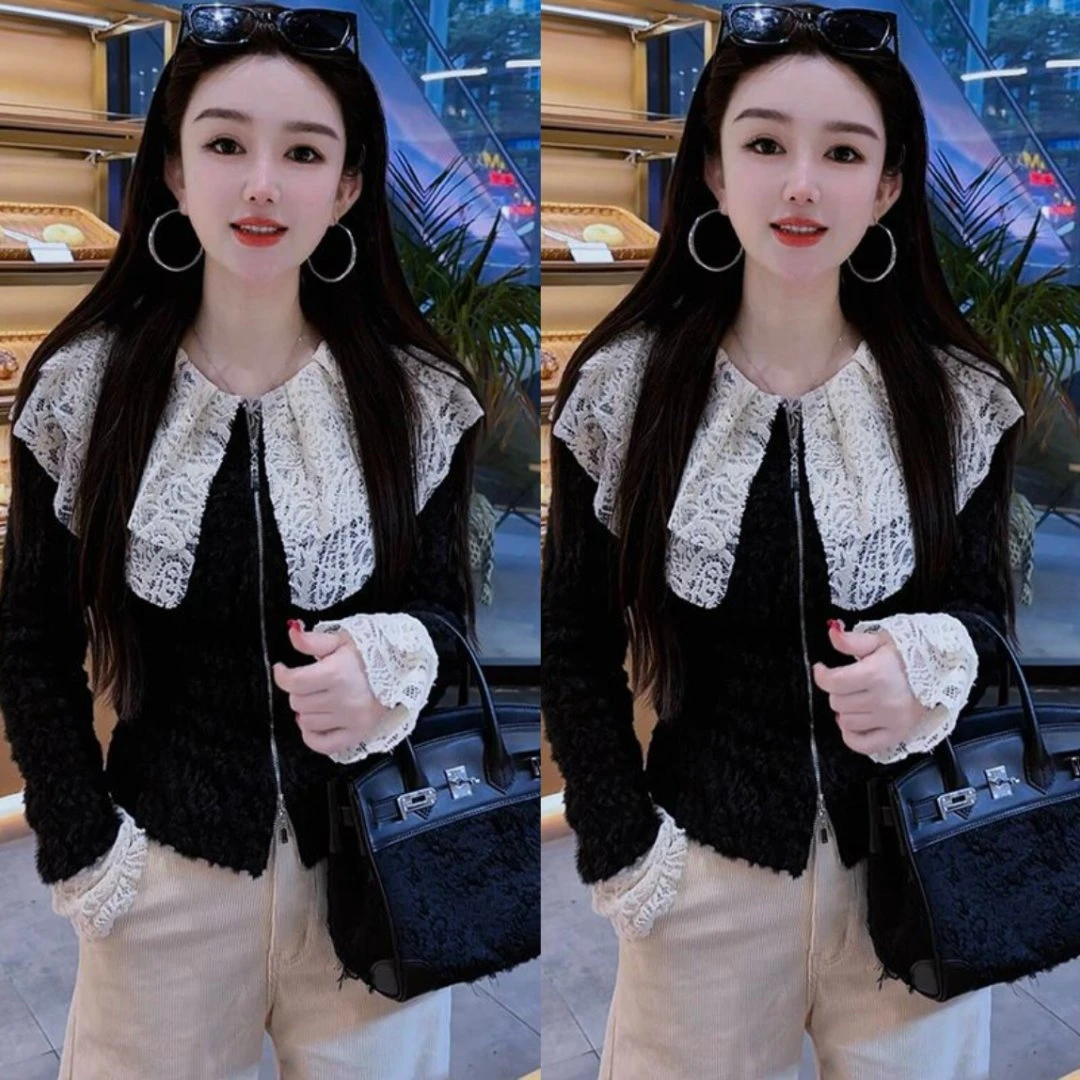 欧货2024秋季新款时髦洋气气质优雅大气蕾丝拼接别致长袖撞色上衣
