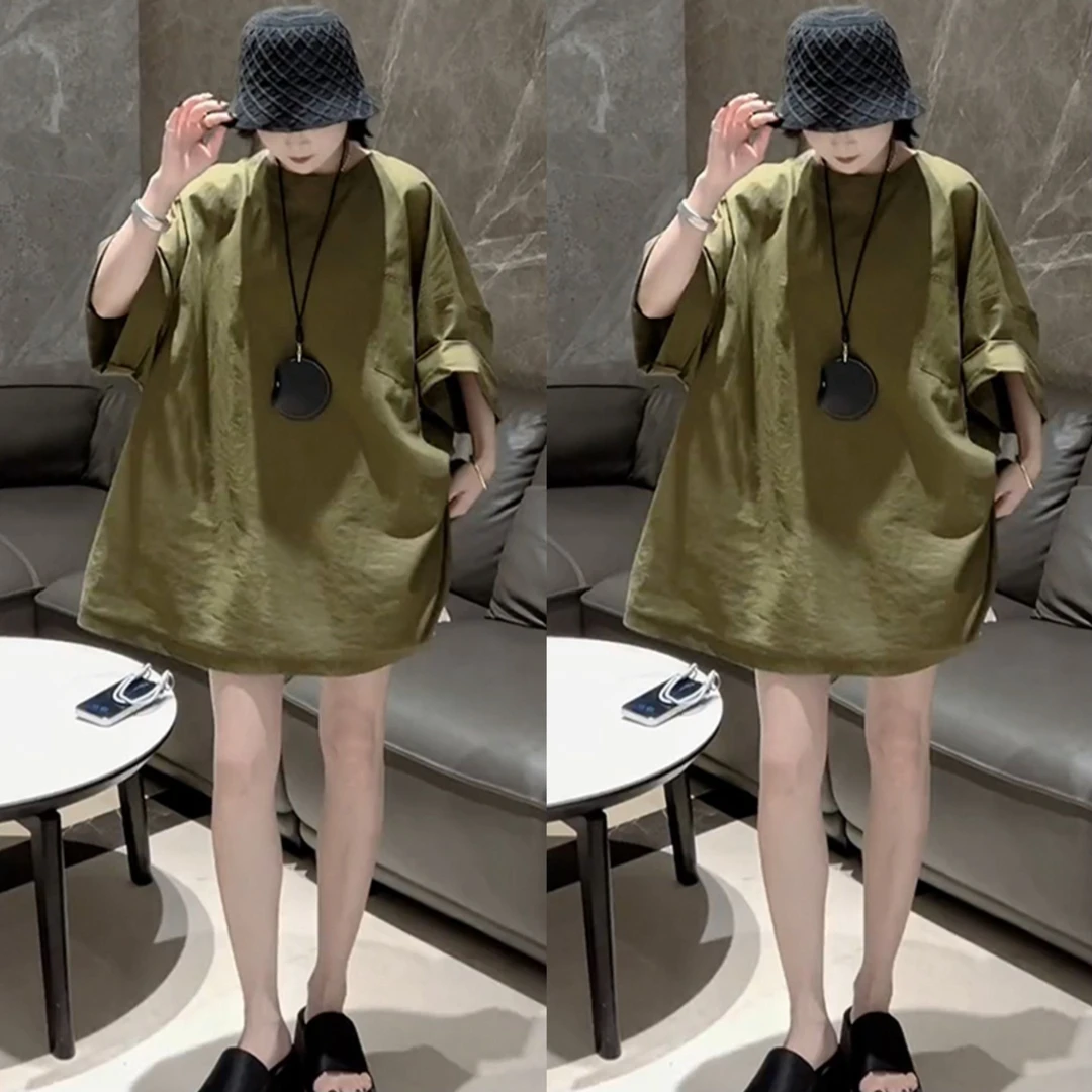 欧洲站2024夏季新款韩版宽松中长款圆领T恤女洋气休闲纯色上衣潮