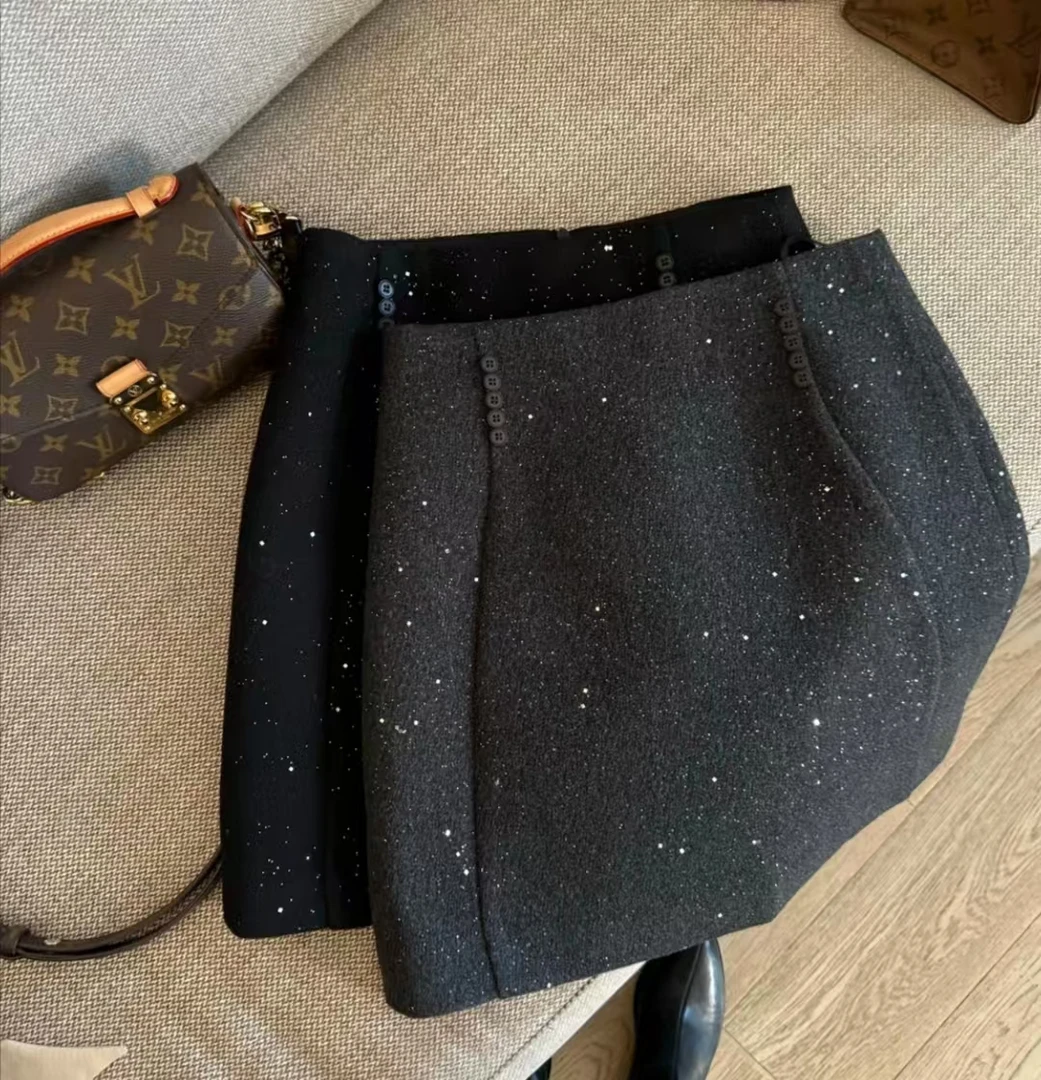 【年货款星空闪闪A字裙】显瘦高级气质百搭高腰毛呢星空短裙9805