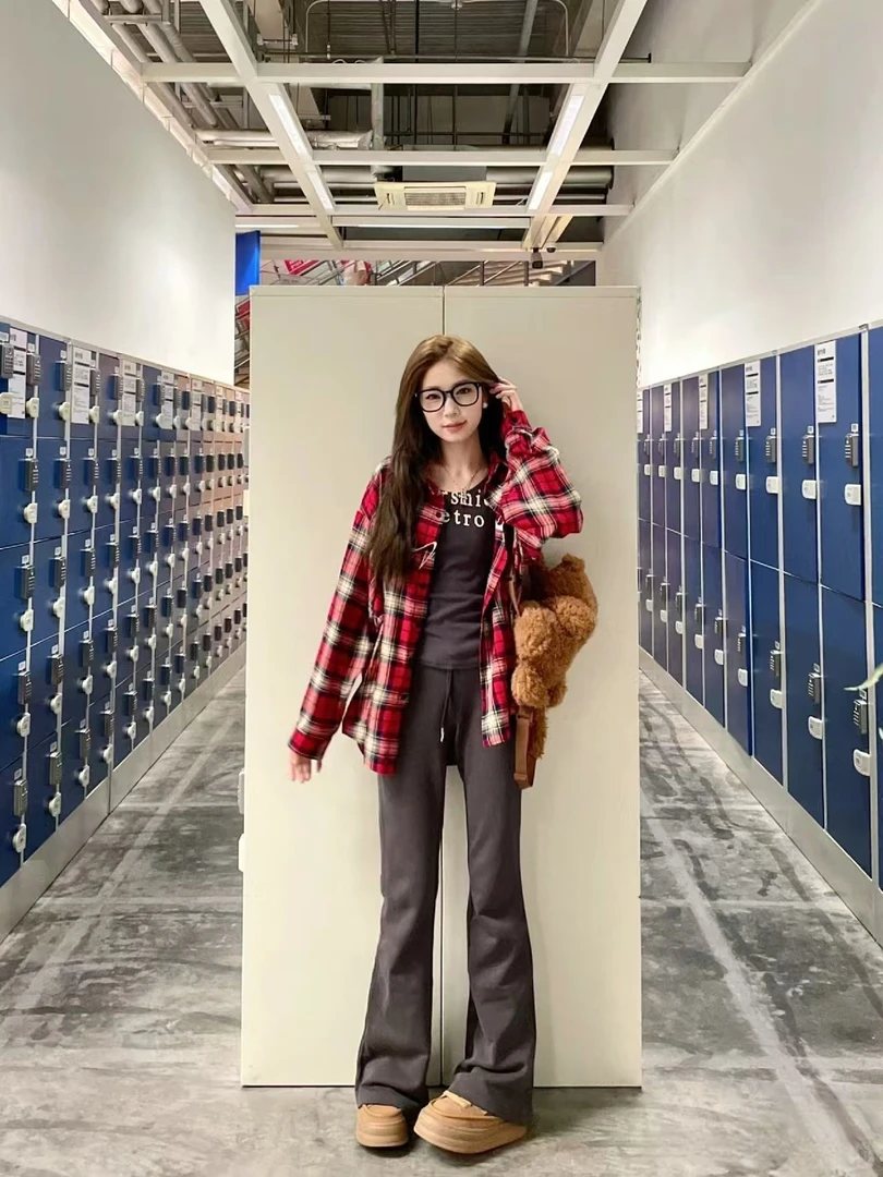 美式潮牌磨毛格子衬衫女2025高级感宽松小众设计感长袖日系衬衣潮