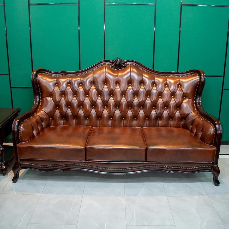 美式皮艺沙发轻奢实木复古乡村客厅大小户型123真皮沙发组合