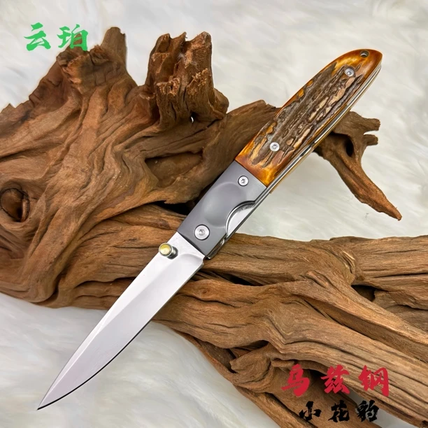 【木腾】云珀 印度进口乌兹钢 高端收藏工艺品 户外露营小刀