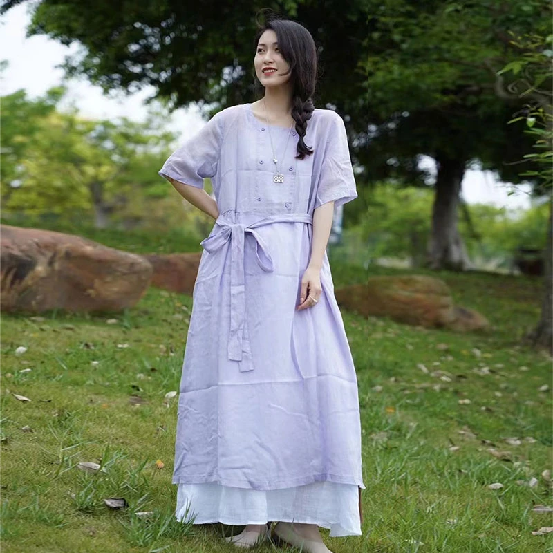 夏季文艺复古圆领排扣腰绳宽松大摆中长裙短袖休闲气质高腰长裙女