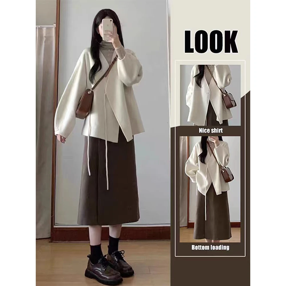 秋冬搭配一整套女绑带无领呢外套显瘦半身裙高级感小洋装三件套