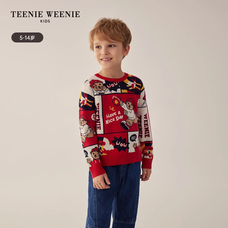 TeenieWeenie Kids小熊童装24卡通圆领红色长袖毛衣TKKW241101K