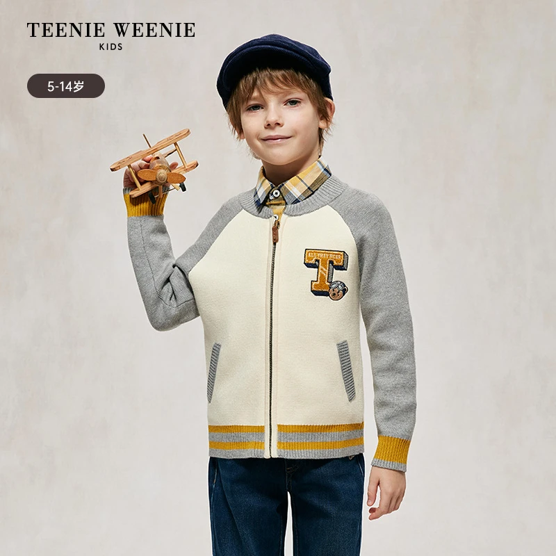 TeenieWeenie Kids小熊童装24秋刺绣撞色毛衣开衫TKCK244901B