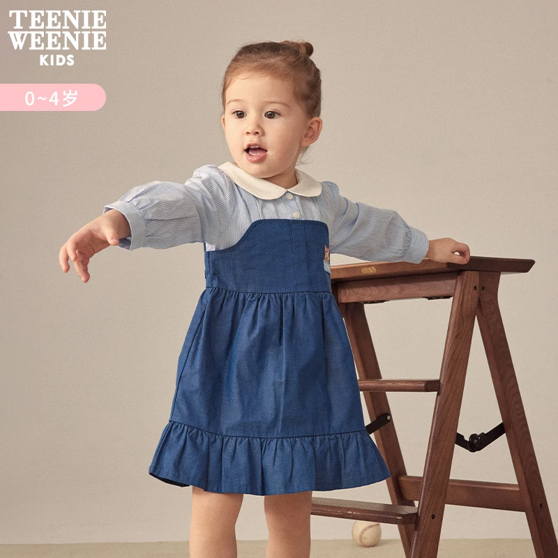 TeenieWeenieKids女宝23早春新款假两件娃娃领连衣裙T0OJ231251B