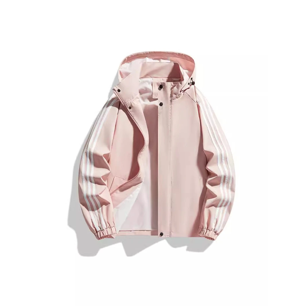 春秋新款休闲运动三条杠连帽夹克男情侣冬季加厚外套上衣男女