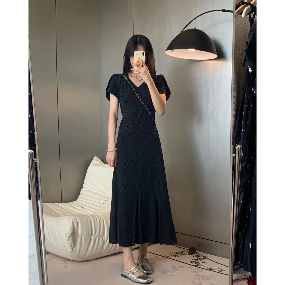 【暗夜玫瑰】2025年春夏新款显瘦时尚设计师原创休闲黑色连衣裙长裙