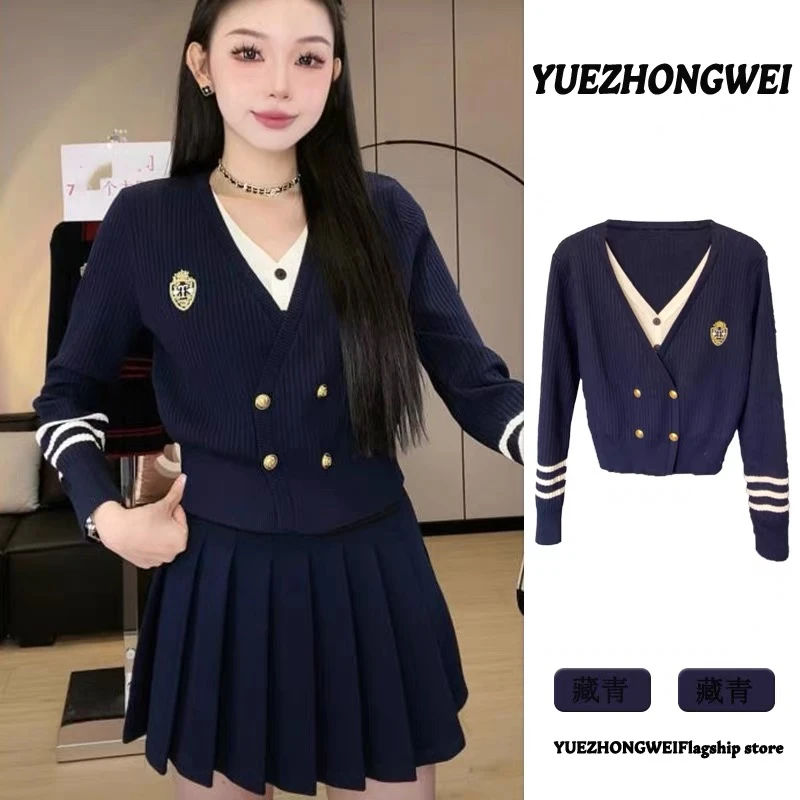 秋季套装女2025新款韩系学院风假两件针织毛衣显瘦百褶短裙两件套