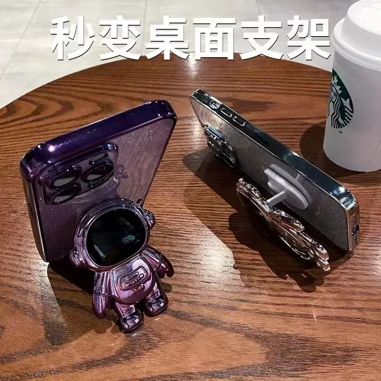 适用iPhone16Pro电镀闪粉宇航员支架手机壳全包镜头膜苹果15 护套