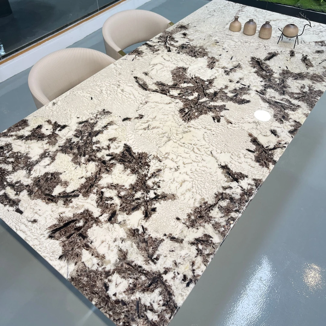 （高定选板）黄底金孔雀大理石奢石长方形意式极简简约家用轻奢餐桌