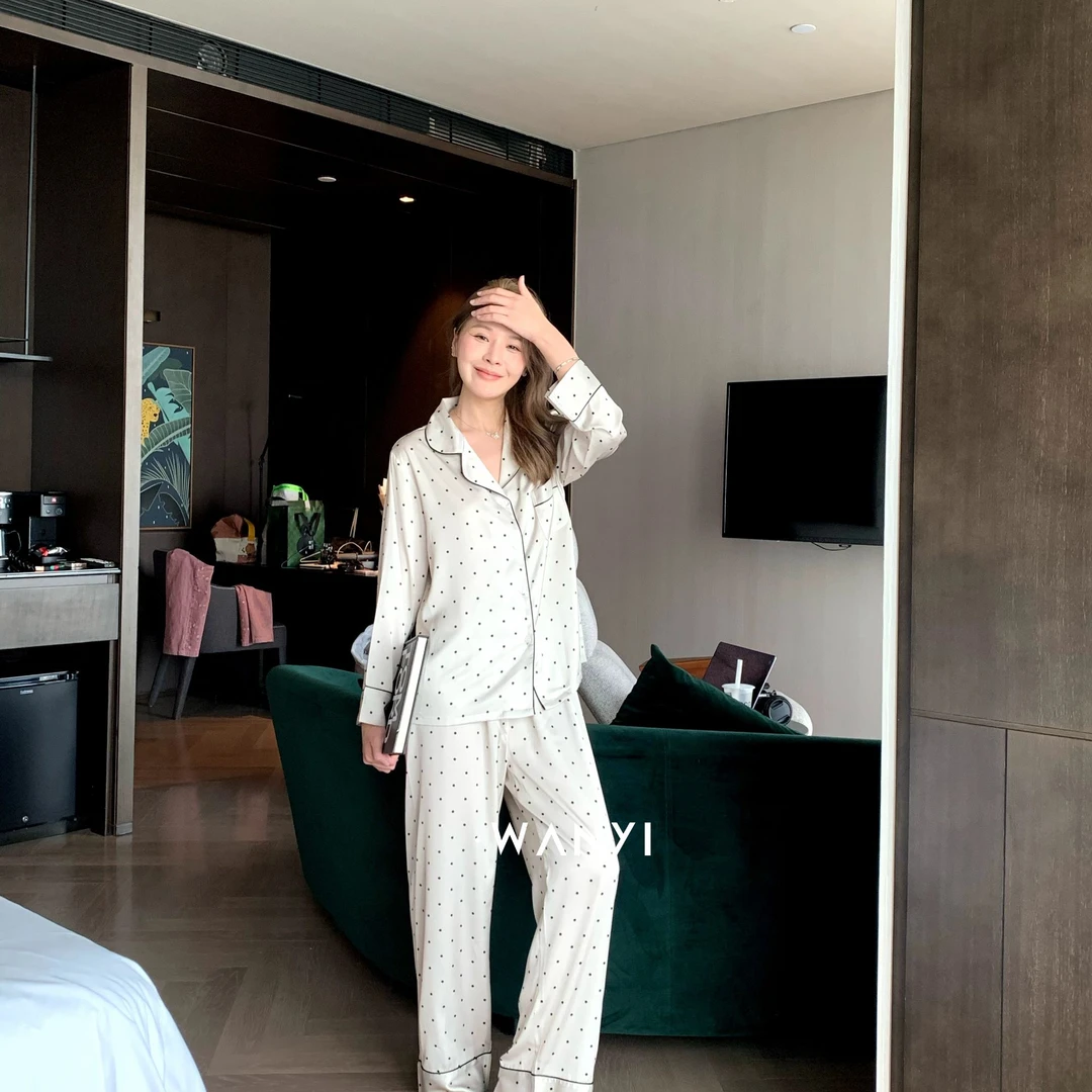 晚仪WANYI（香槟波点）小香风浅香槟睡衣套装气质双长袖家居服