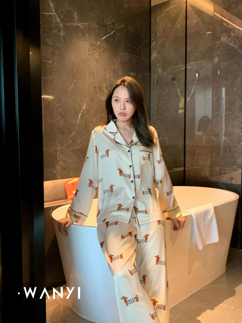 晚仪WANYI（腊肠小狗）小狗满印可爱翻领柔软家居服套装女士睡衣