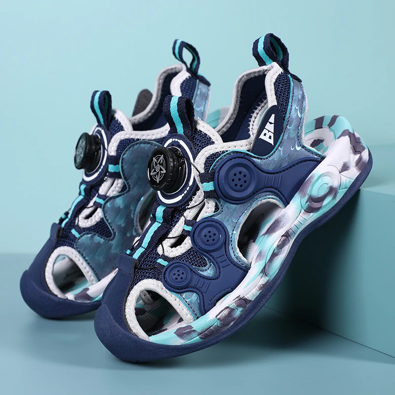 BKG儿童凉鞋夏季休闲旋转纽扣中小童包头凉鞋软底防滑运动沙滩鞋