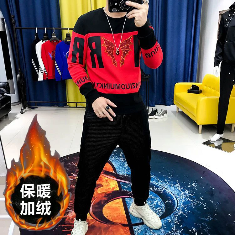 春秋款男士宽松时尚百搭圆领印花卫衣韩版秋冬高品质加绒加厚卫衣