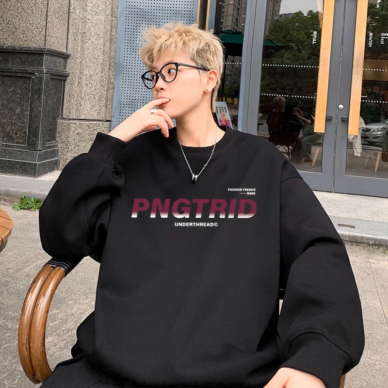 美式潮牌渐变字母卫衣男秋冬季加绒加厚休闲套头新款百搭圆领上衣