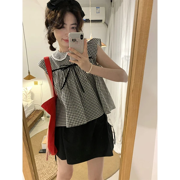 学院风甜美蝴蝶结黑白格纹娃娃领小飞袖上衣黑色绑带裙裤两件套