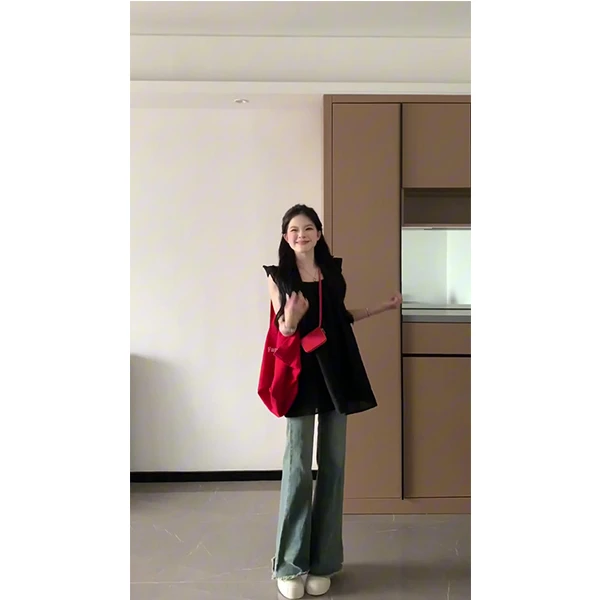 2093小飞袖连衣裙黑色方领宽松A字裙短裙牛仔裤慵懒风套装小个子