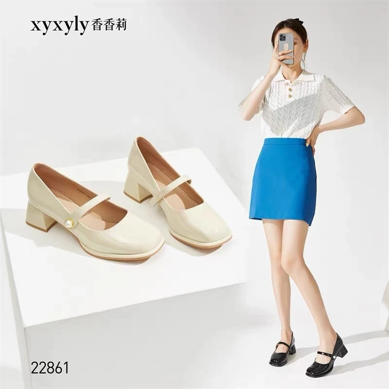 香香莉女鞋2023秋季浅口粗跟漆皮一字带舒适上班舒适女单鞋D22861