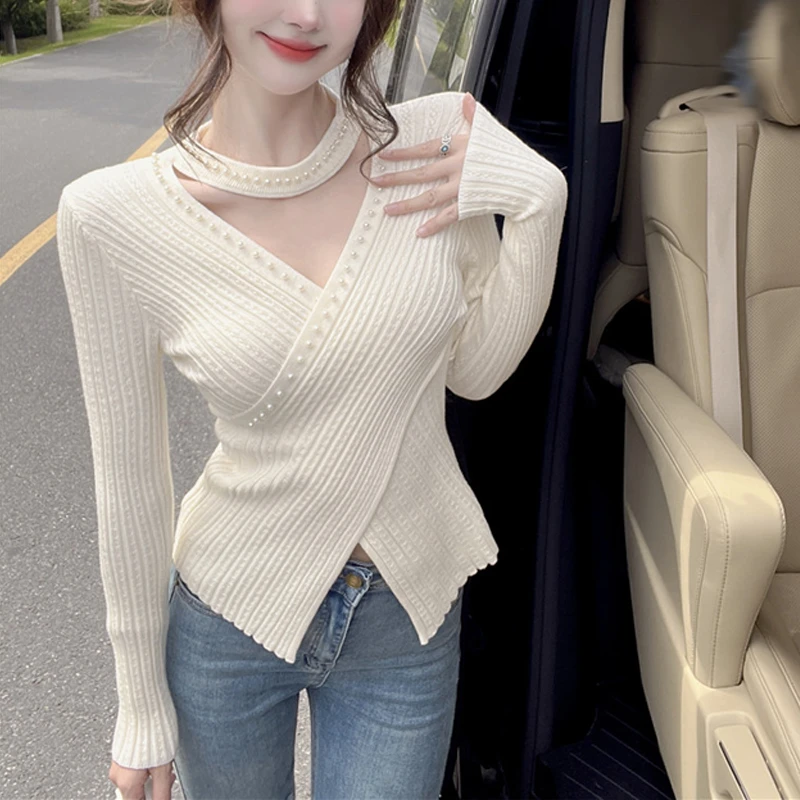 2023秋冬新款内搭针织衫女士复古小众长袖上衣独特别致短款打底衫