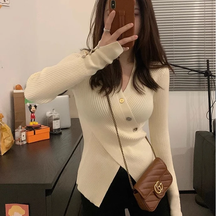 2023秋季v领针织打底衫女内搭长袖低领修身显瘦洋气女士毛衣上衣